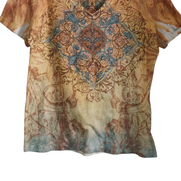 Kiara Size XL Multi Colored V-Neck Short Sleeve Embellished Boho Y2K Style Top - Picture 6 of 9